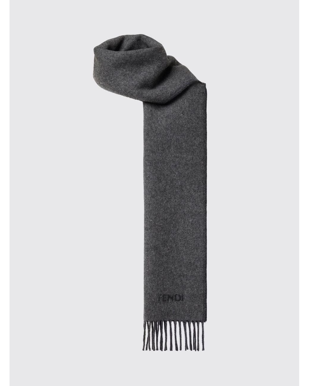 Fendi Gray Pure Cashmere Scarf With Embroidered Logo And Fringed Edges for men