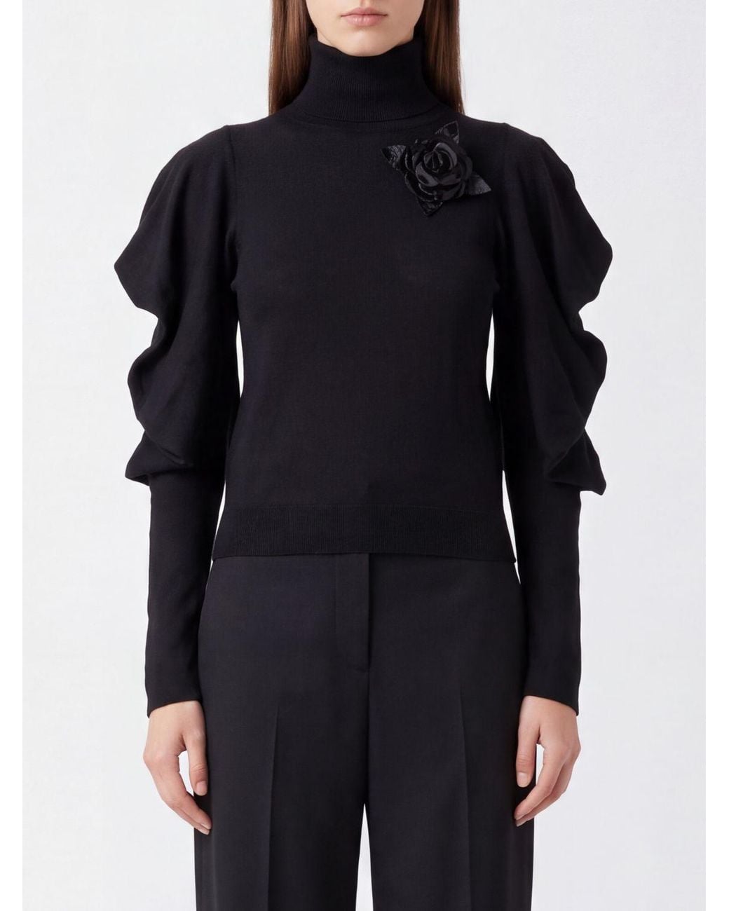 Blumarine Blue Wool Turtleneck Jumper With Flower Appliqué And Puff Shoulders
