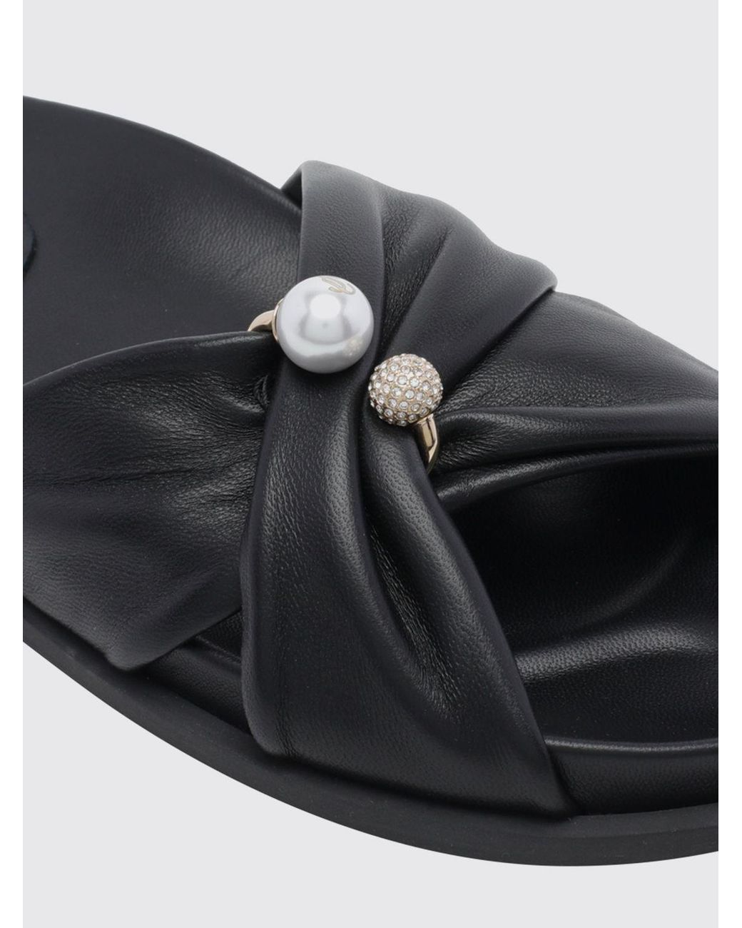 Jimmy Choo Black Rafi Smooth Calfskin Slide Sandals With Pearls And Rhinestones