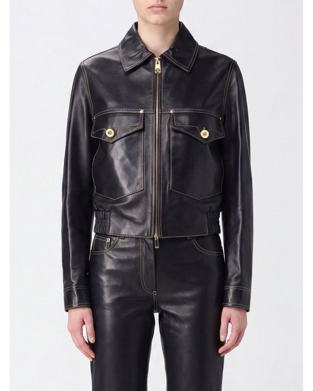 Versace Blue Cropped Lambskin Leather Shirt Jacket With Patch Pockets