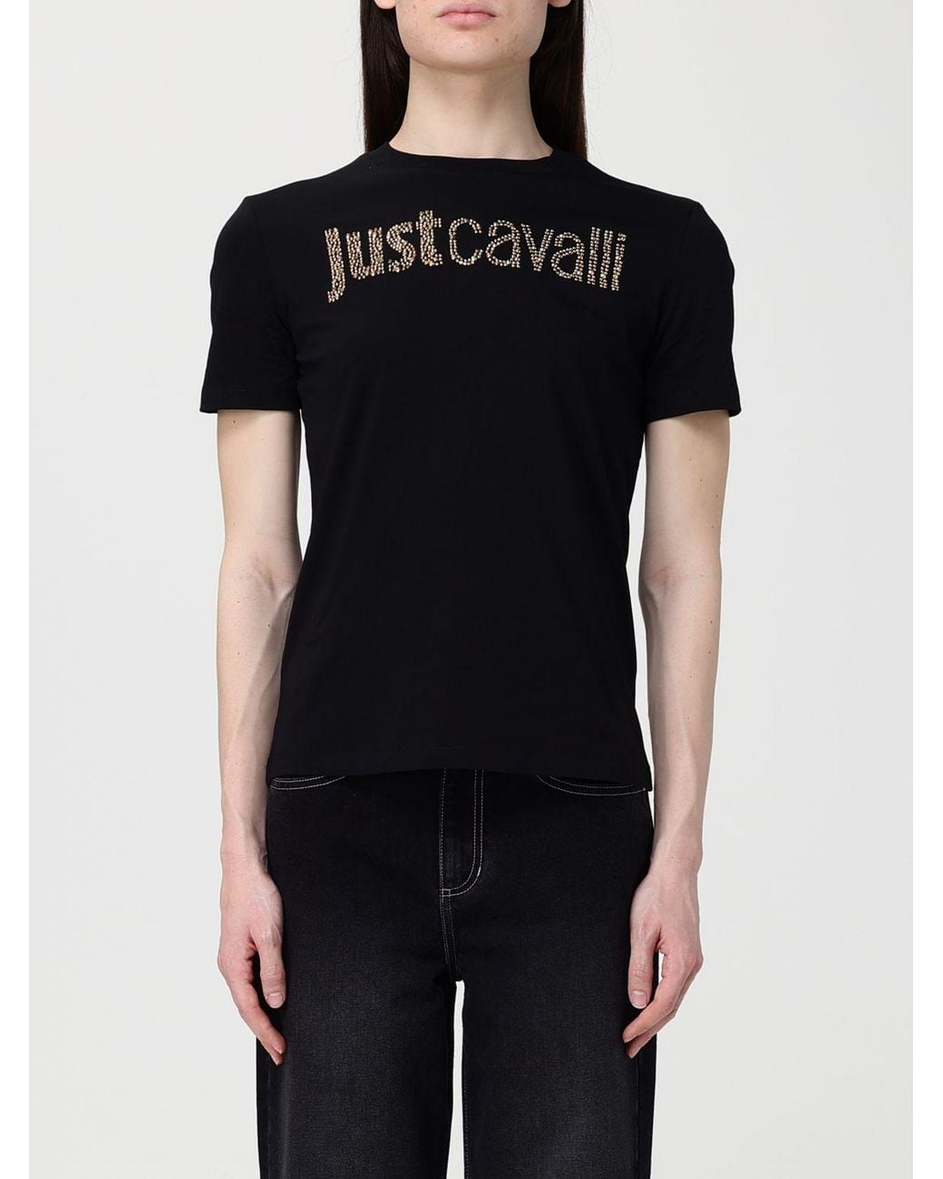 Just Cavalli Black Cotton T-Shirts With Rhinestone Logo