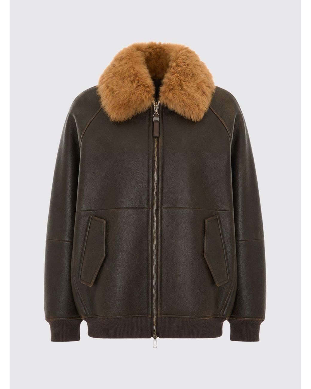 Brunello Cucinelli Black Cropped Lambskin Bomber Jacket With Fur Collar
