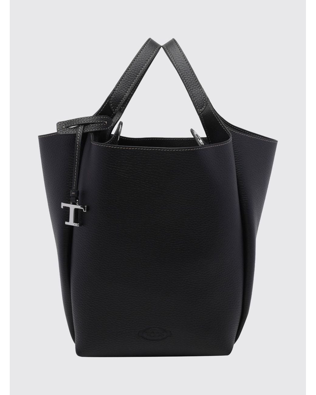 Tod's Black Hammered Leather Bucket Bag With Double Handle And Charm