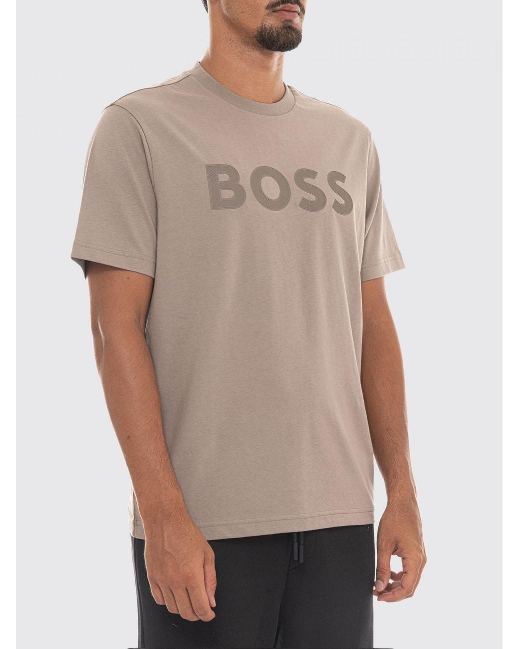Boss Gray Crew-Neck Cotton T-Shirt With Tone-On-Tone Logo for men