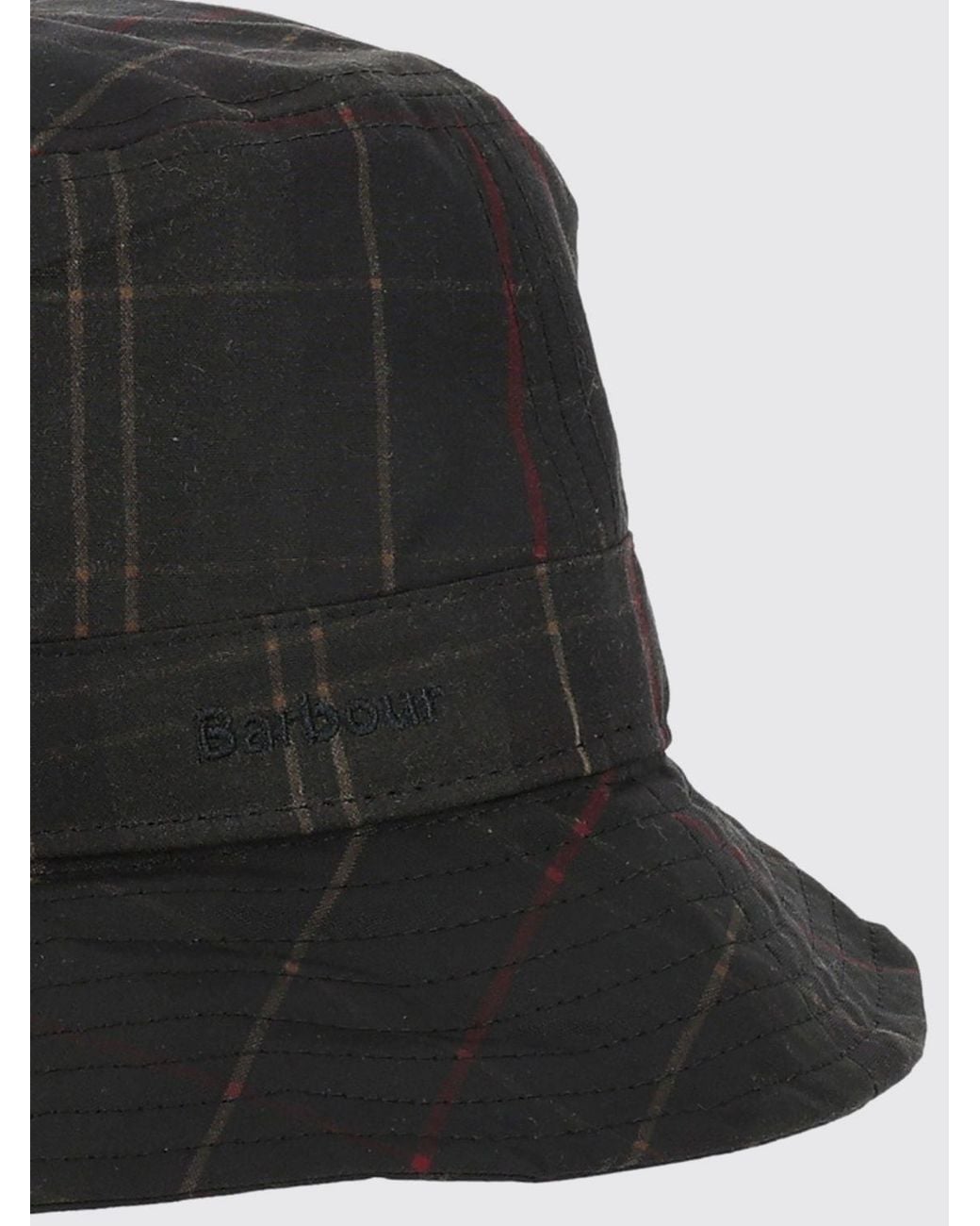 Barbour Black Waxed Cotton Bucket Hat With Tartan Pattern And Embroidered Logo for men