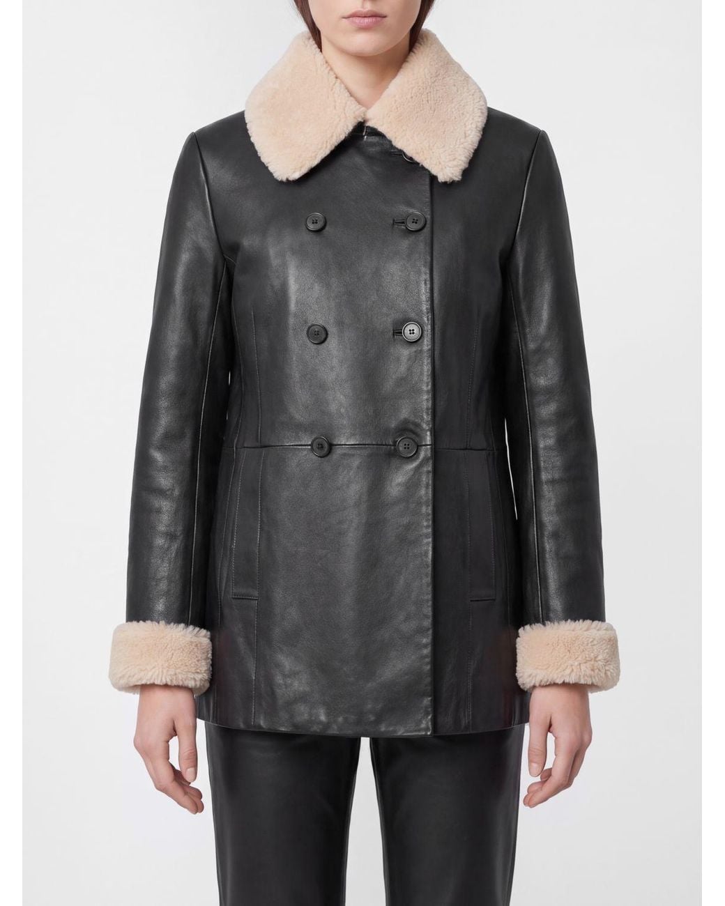 Liviana Conti Black Double-Breasted Leather Coat With Fur Collar And Cuffs