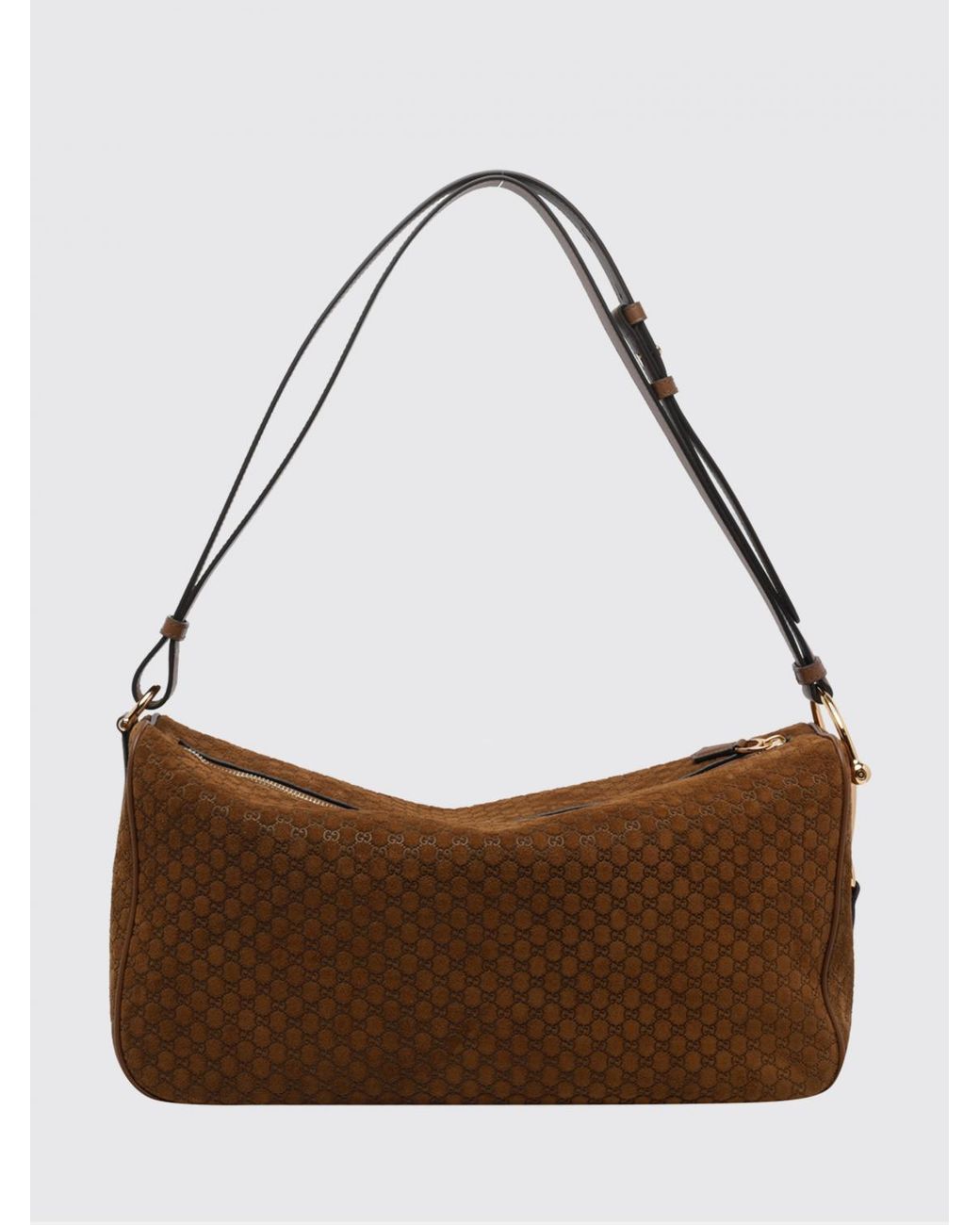 Gucci Brown Half Horsebit Suede Bag With Embossed Gg Monogram