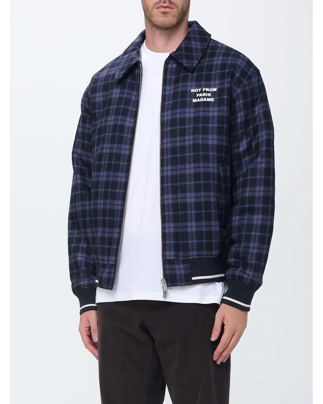 Drole de Monsieur Blue Tartan Pattern Wool Blend Shirt Jacket for men