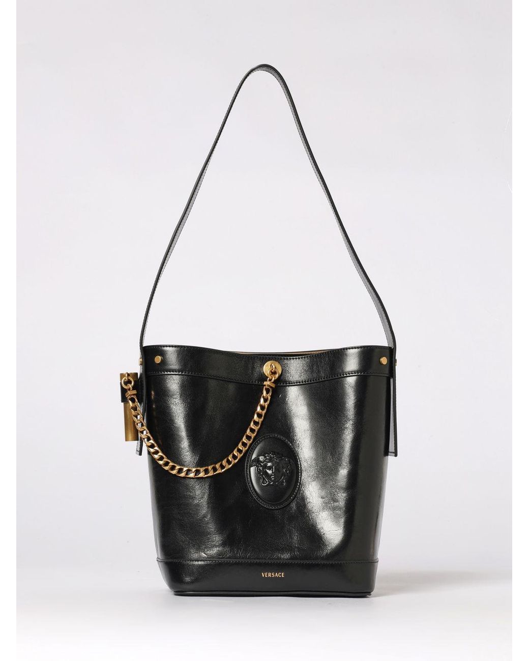 Versace Black Leather Pivot Bucket Bag