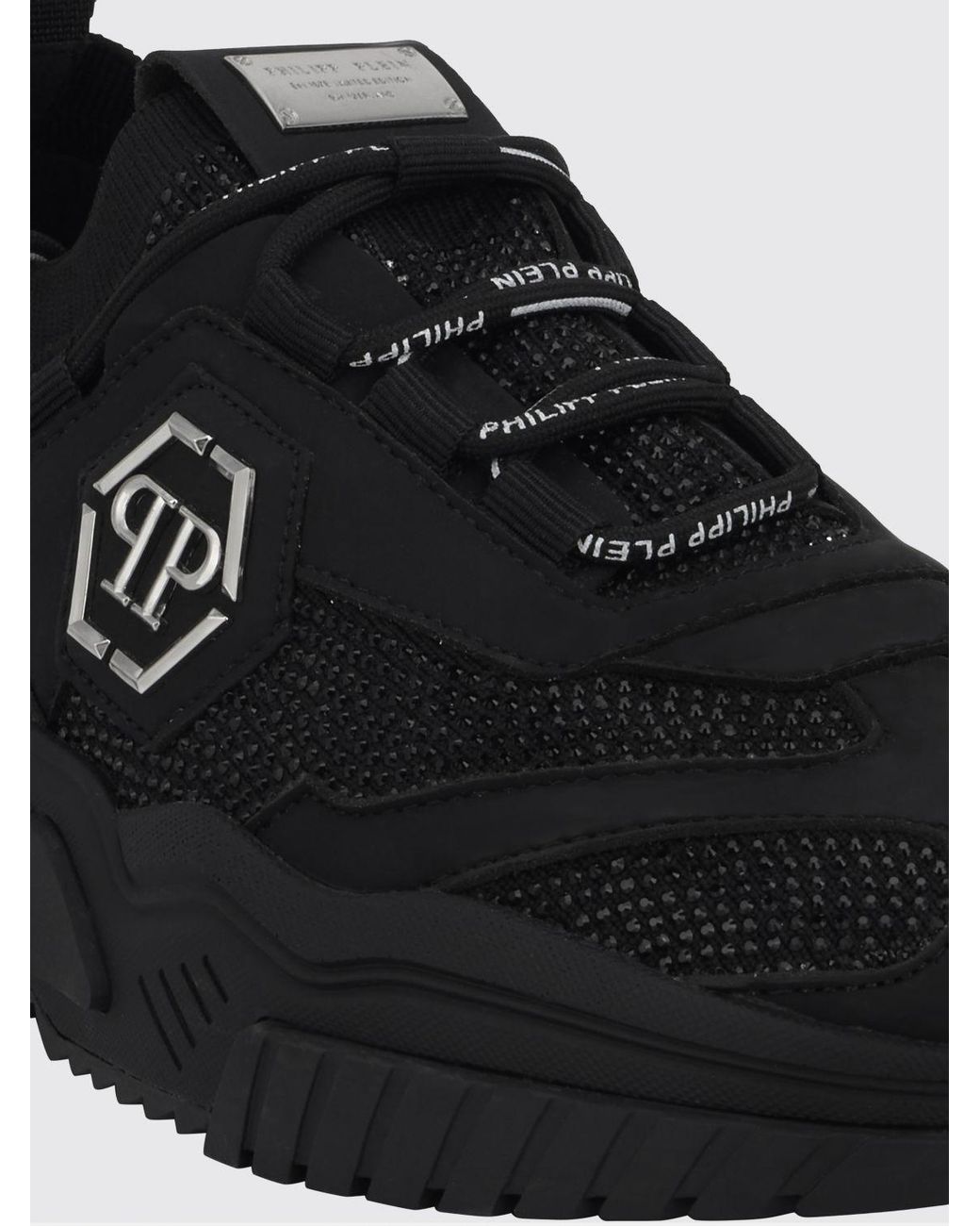 Philipp Plein Black Low-Top Leather And Stretch Viscose Sneakers With Monogram And Rhinestones for men