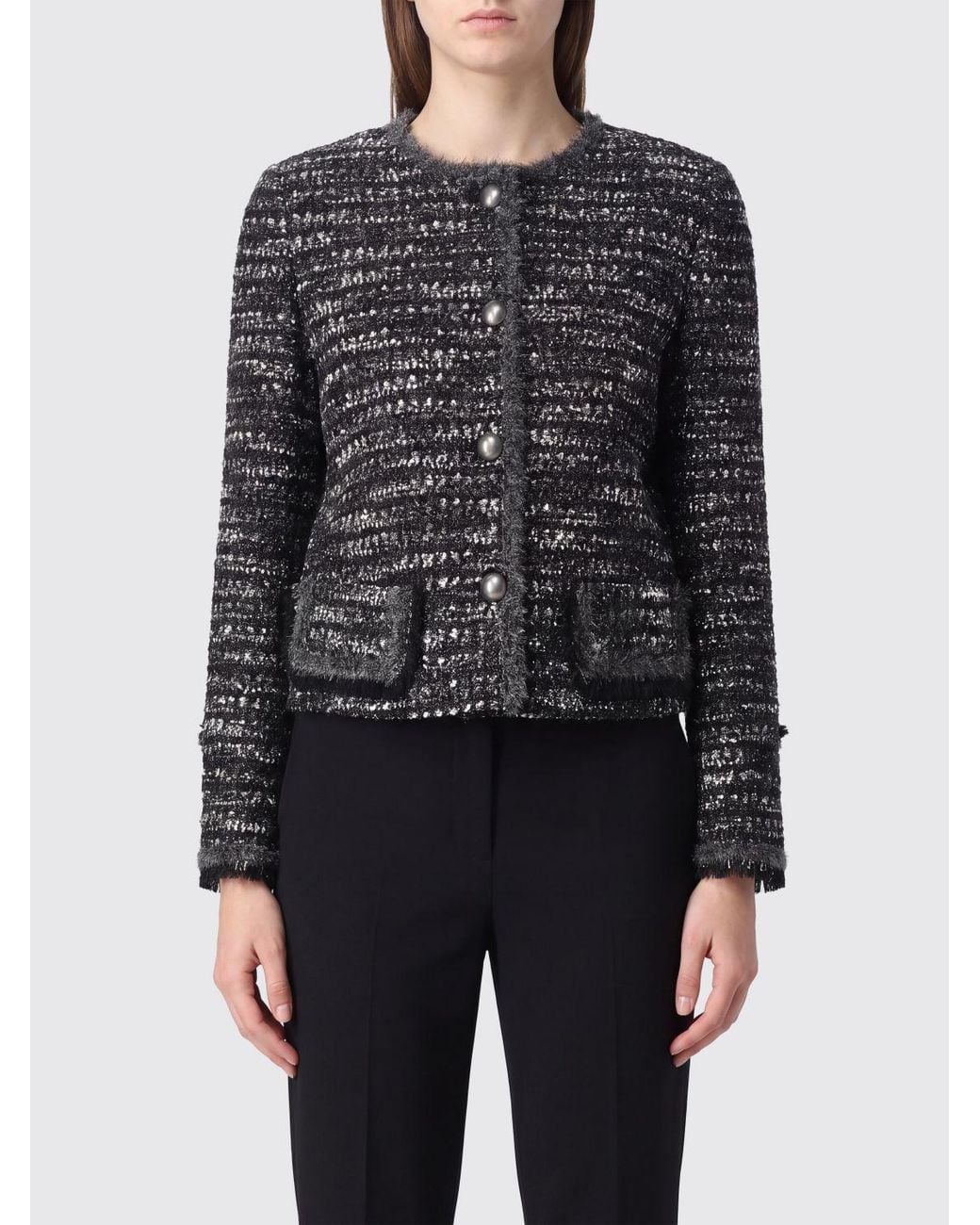 Emporio Armani Black Virgin Wool Blend Knit Blazer With Crew Neck