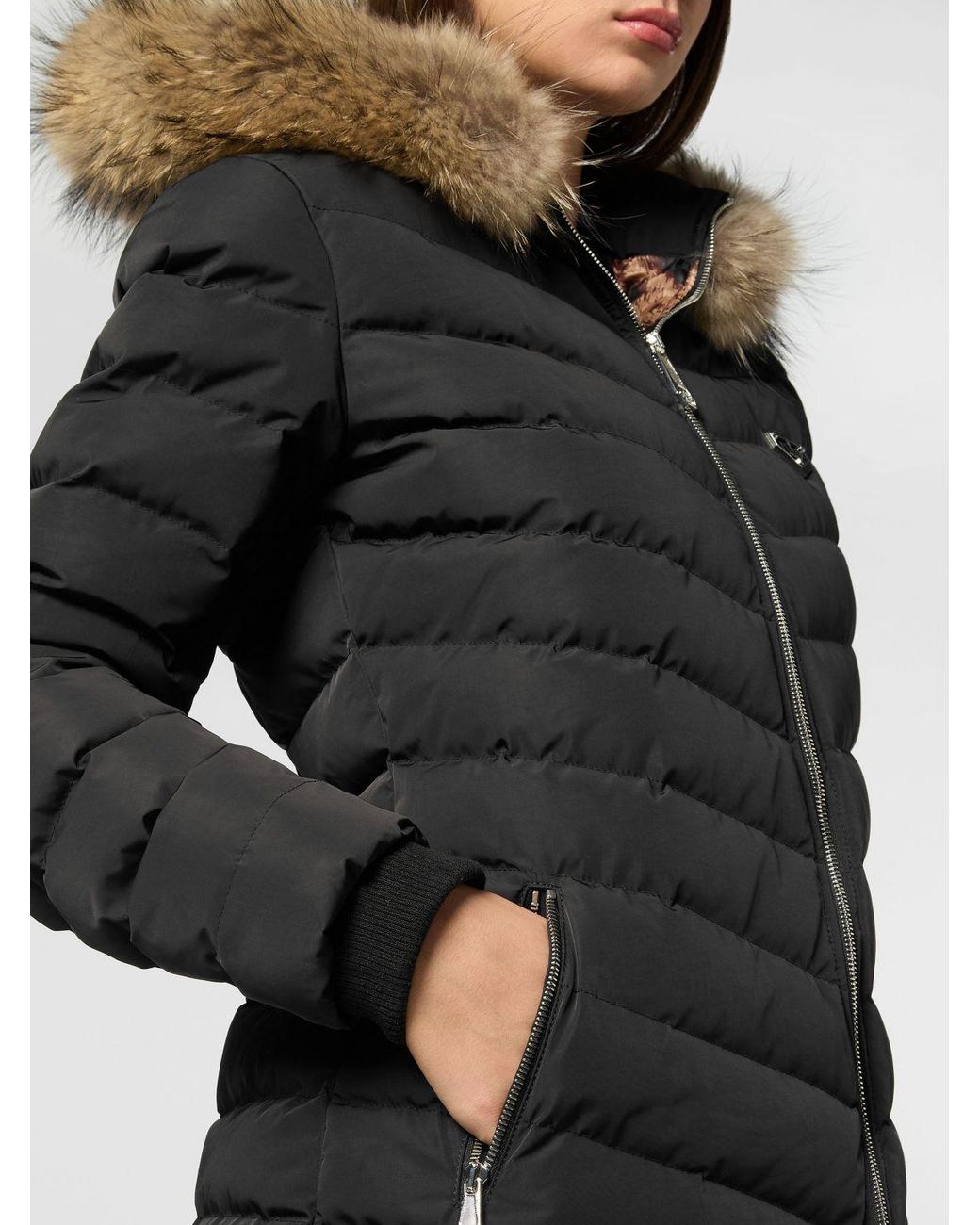Philipp Plein Black Slim Fit Quilted Nylon Puffer Jacket With Hood And Fur Collar