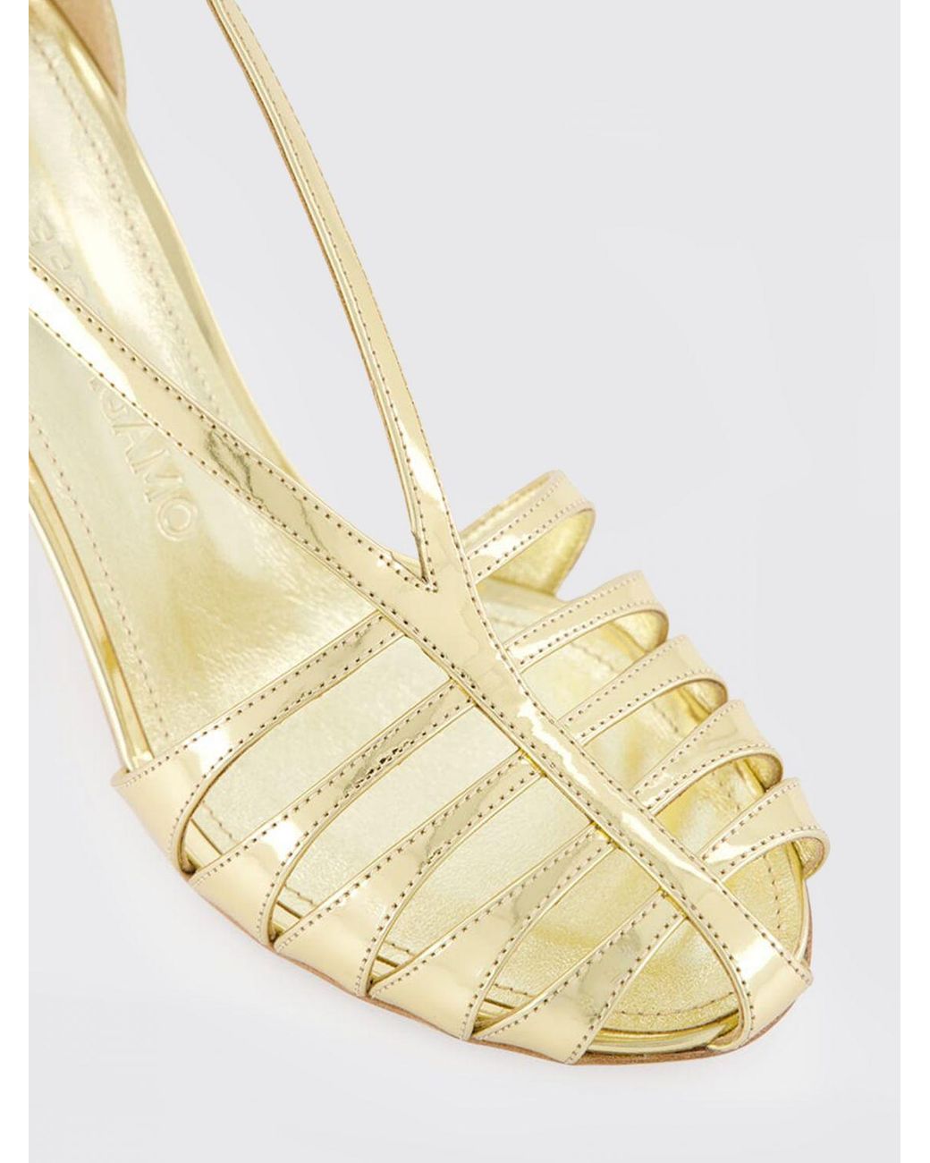 Ferragamo Metallic Perforated Patent Leather Sandals With Stiletto High Heel