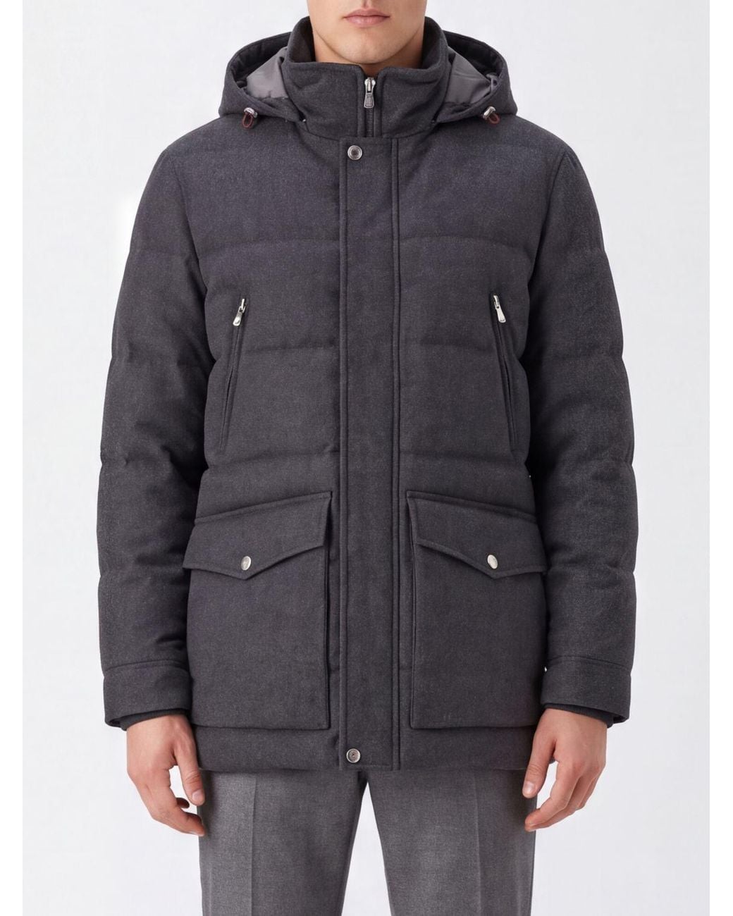 Brunello Cucinelli Gray Padded Wool Parka With Detachable Hood for men