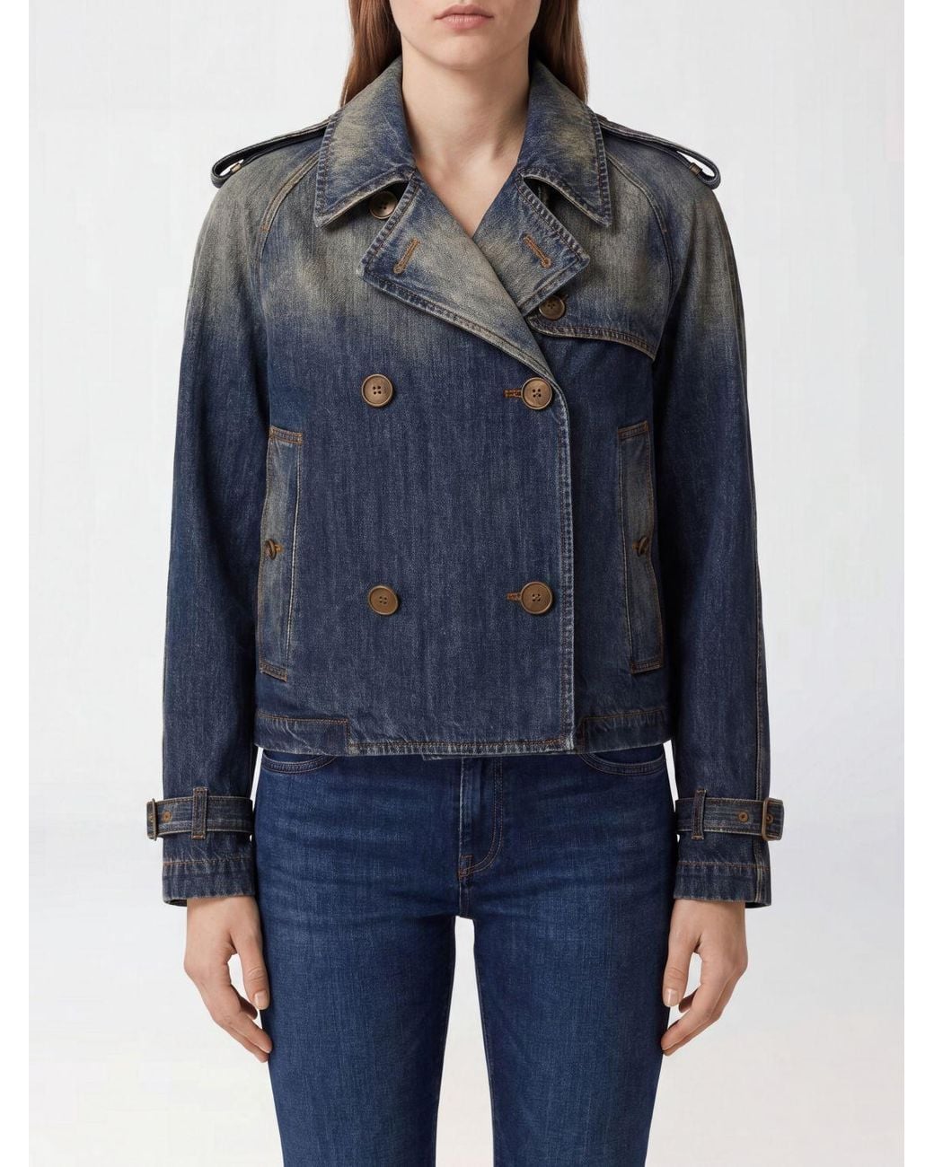 Burberry Blue Double-Breasted Short Vintage Denim Trench Coat With Epaulettes