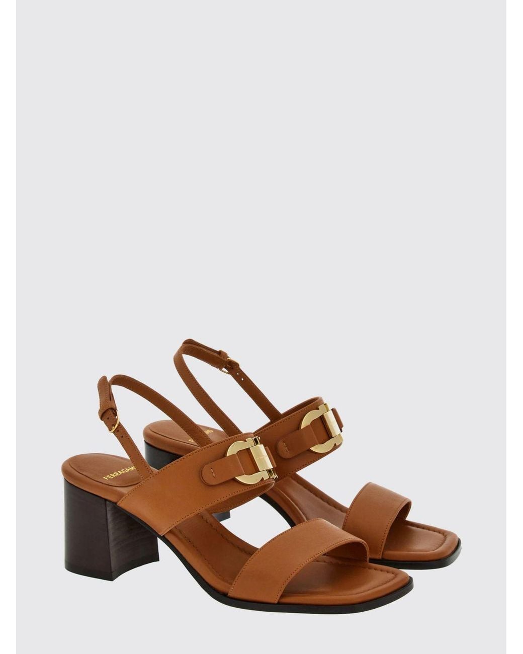 Ferragamo Brown Gancini Logo Calfskin Slingback Sandals With A Block Heel