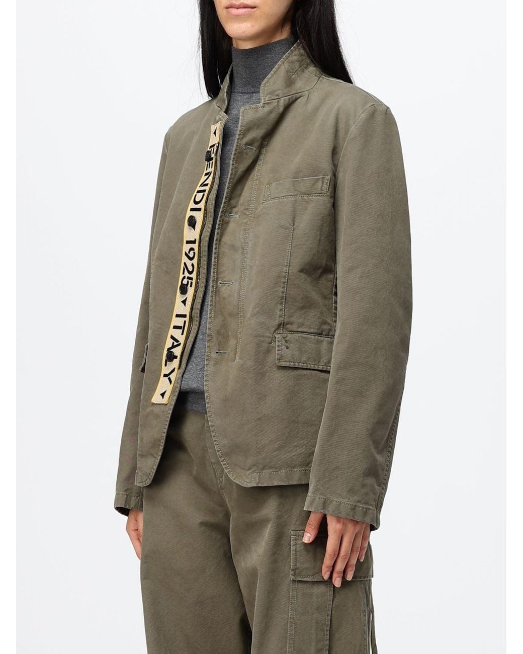 Fendi Green Cropped Cotton Blazer With High Neck And Flap Pockets