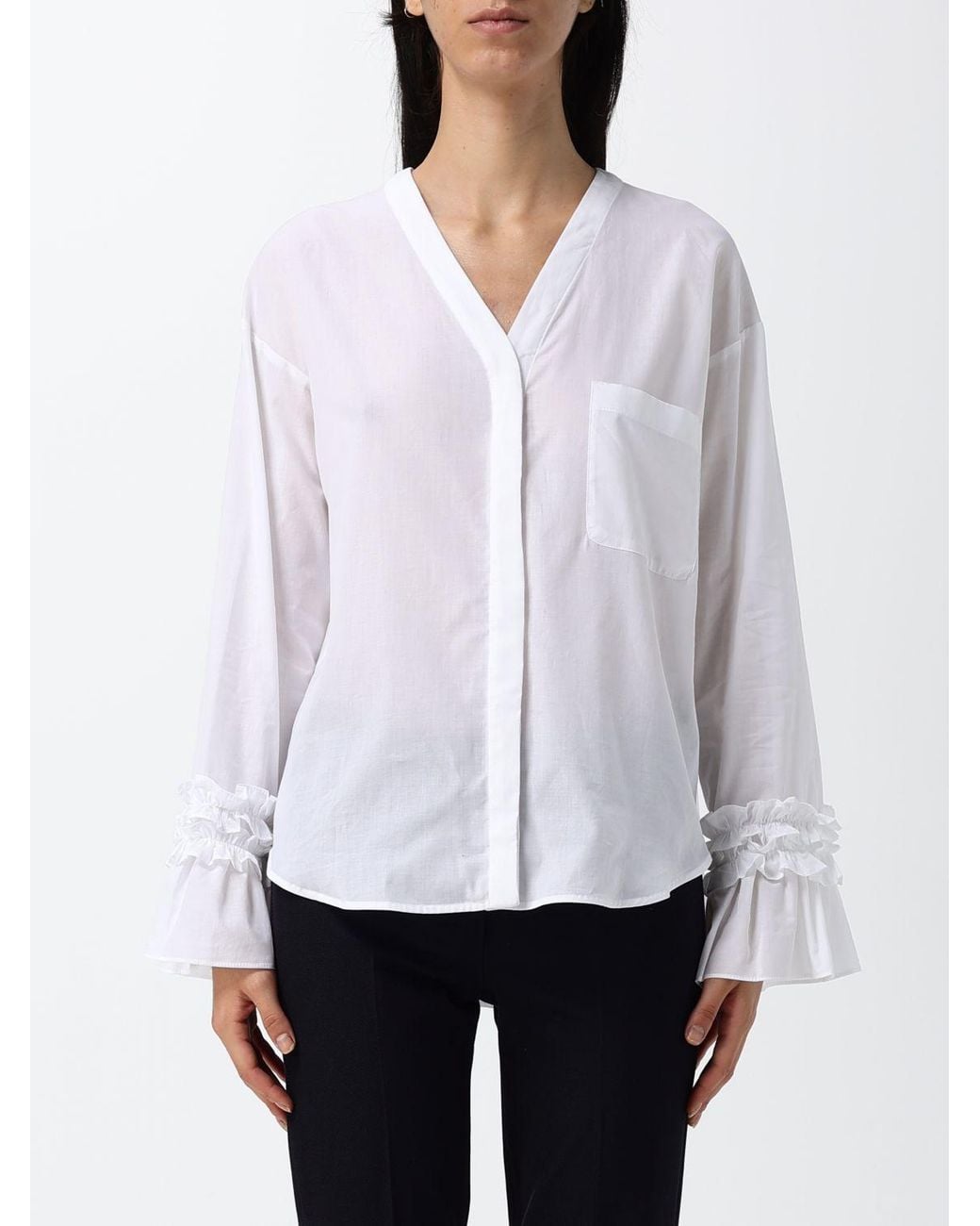 Max Mara White Cotton Shirt With V-Neck And Ruffle Appliqués