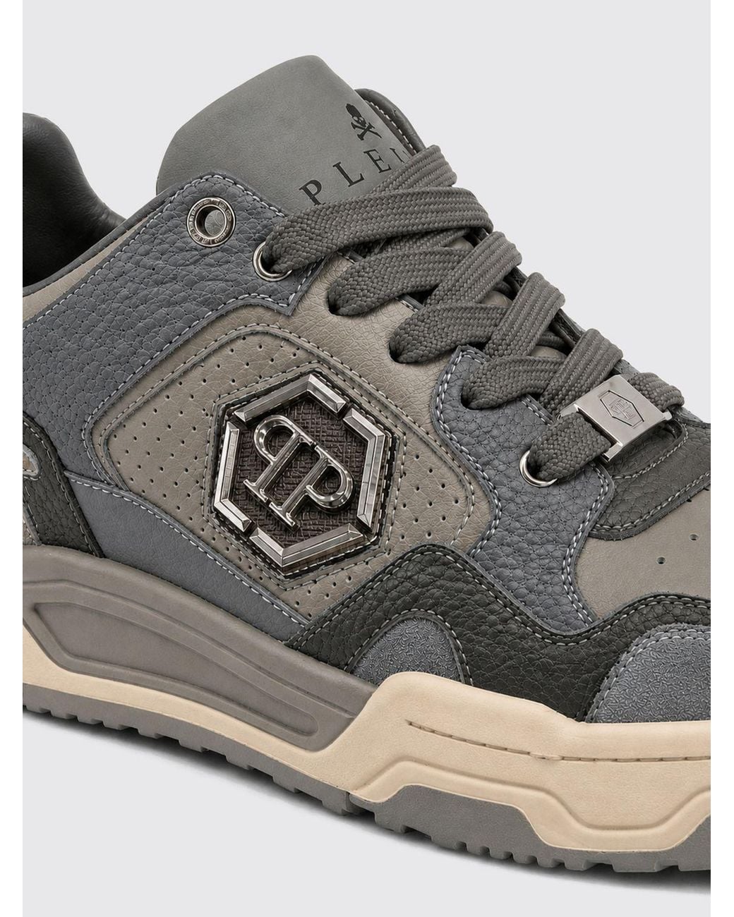 Philipp Plein Gray Predator V2 Low-Top Leather Trainers With Hexagon Logo for men