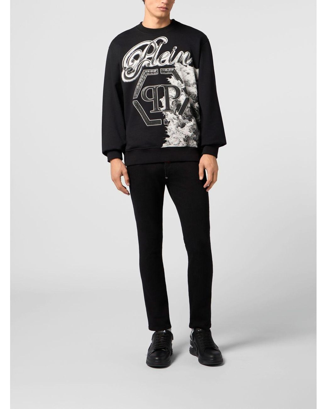 Philipp Plein Black Cotton Crewneck Sweatshirt With Graphic Print And Hexagon Logo for men