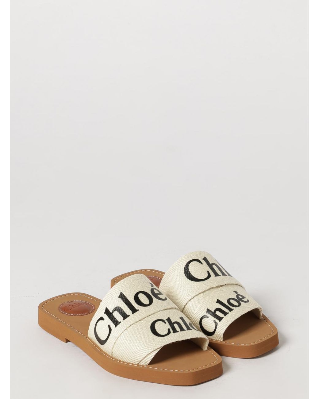 Chloé Natural Chlo&Eacute Woody Logo-Print Canvas Flat Slide Sandals