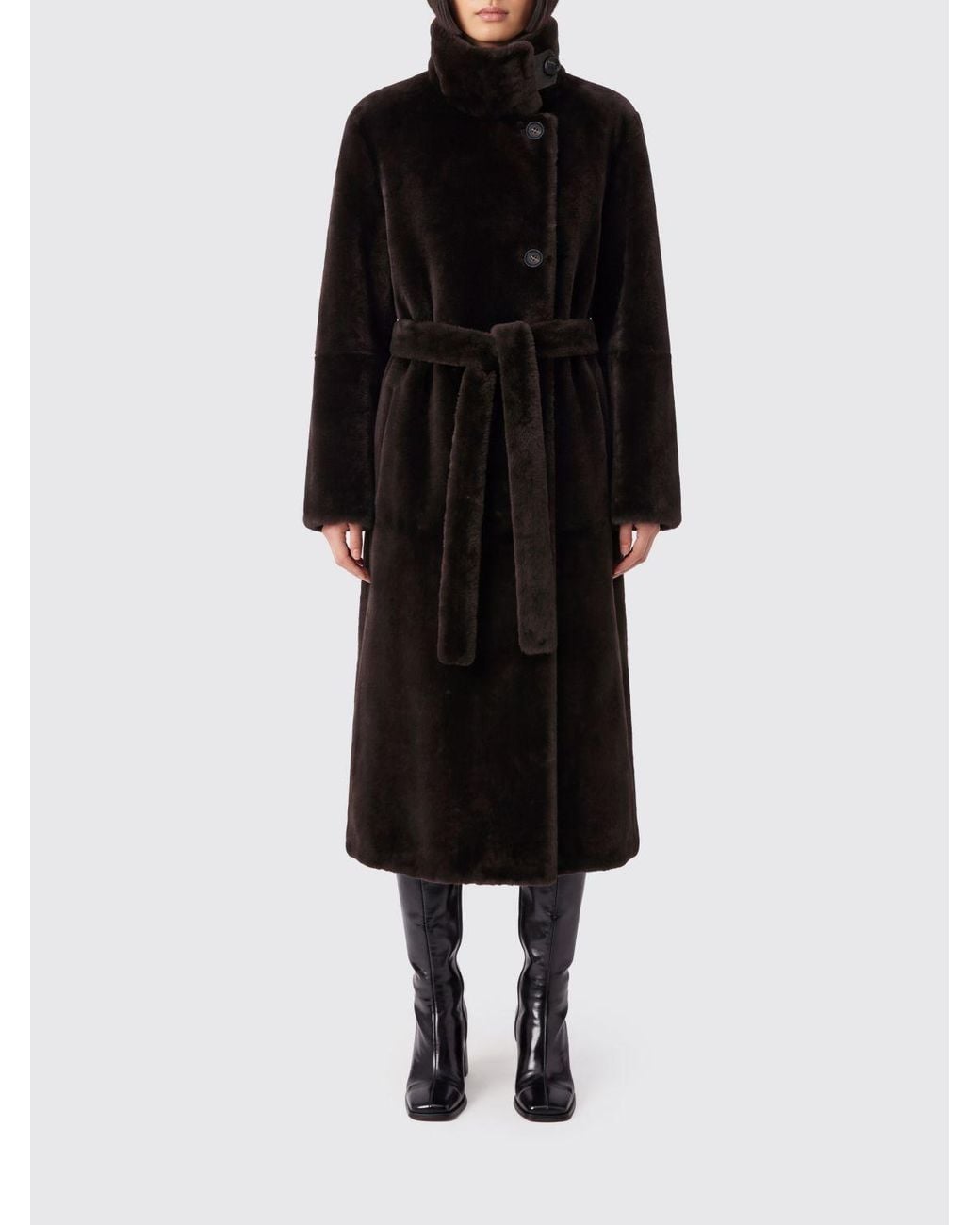 Brunello Cucinelli Black Long Double-Breasted Lamb Fur Coat With Waist Belt