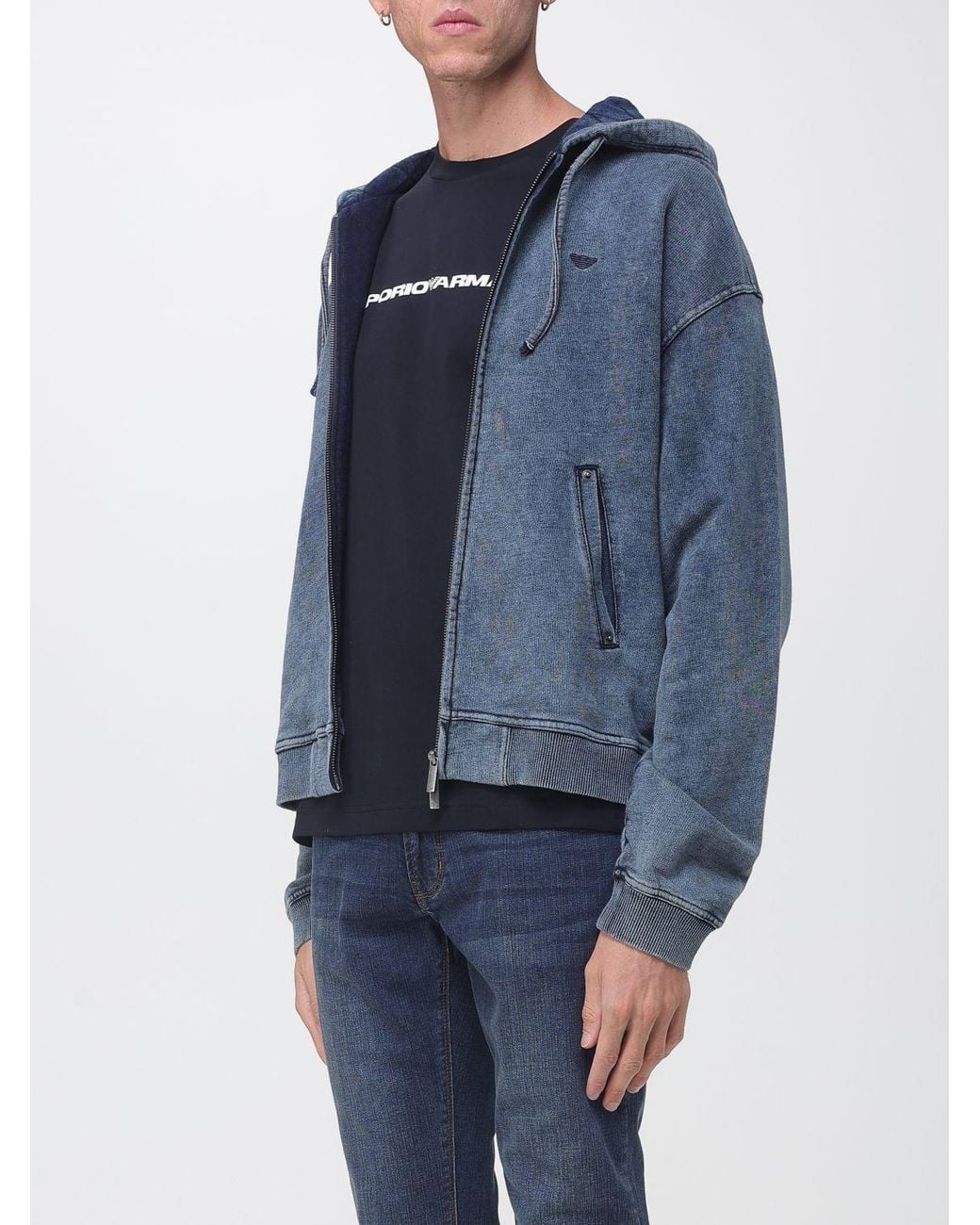 Emporio Armani Blue Cotton Zip-Up Hoodie Sweatshirt With Embroidered Logo for men