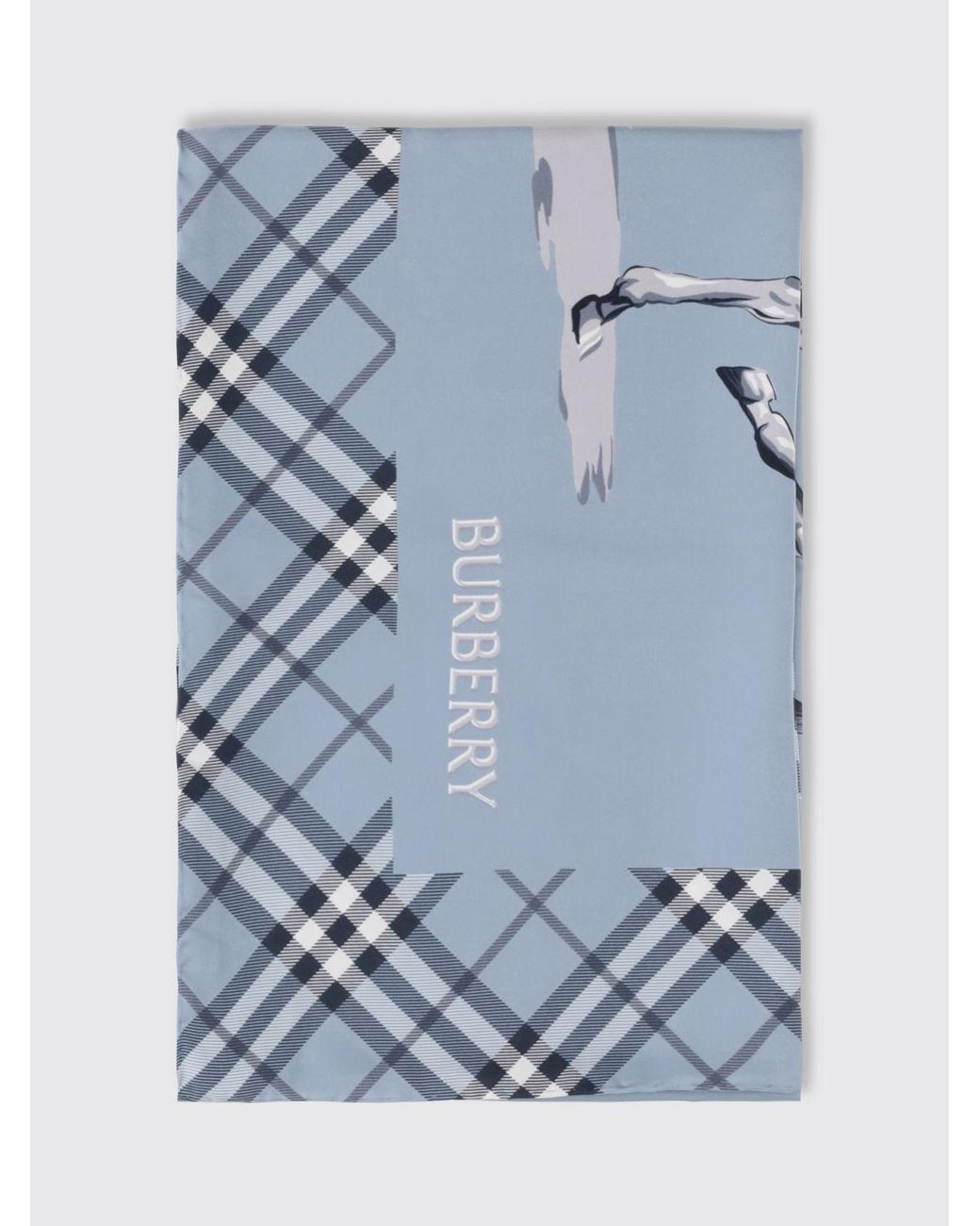 Burberry Blue Square Pure Silk Scarf With Check And Graphic Print for men