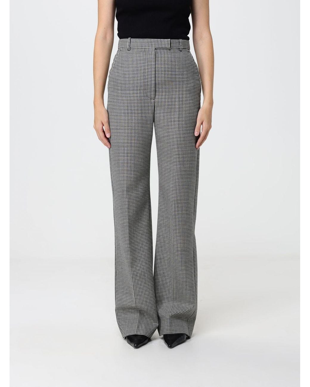 McQueen Gray Vichy Pattern Wool Flared Tailored Trousers With High Waist