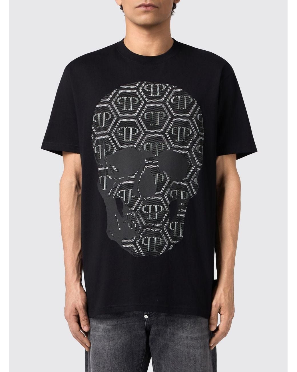 Philipp Plein Black Relaxed Fit Cotton T-Shirt With Skull Print And Rhinestones for men