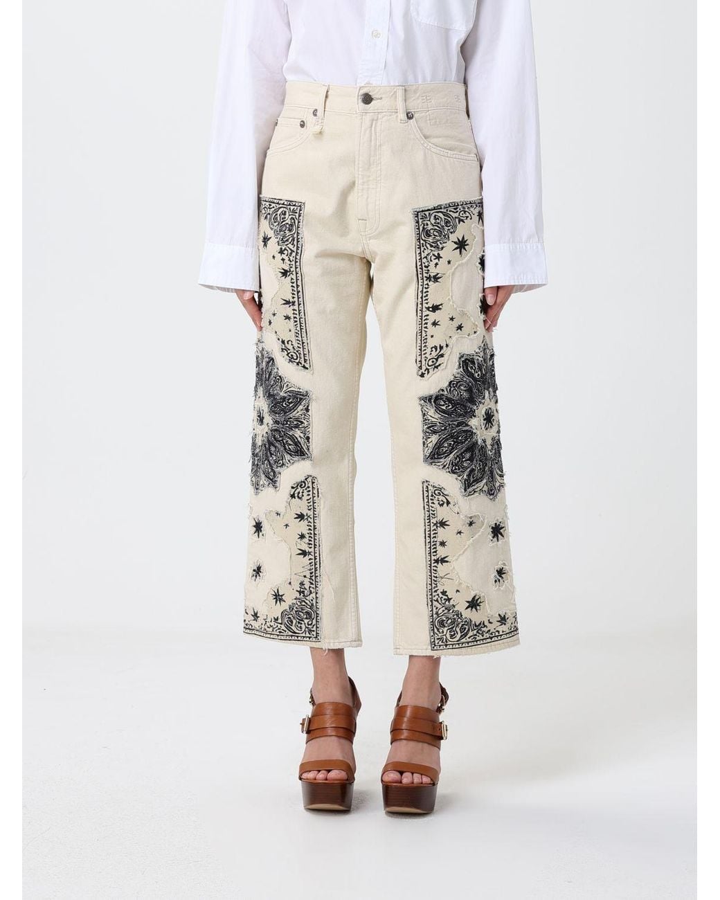 Jeans Cropped Fit De Denim Con Bordados R13 de color White