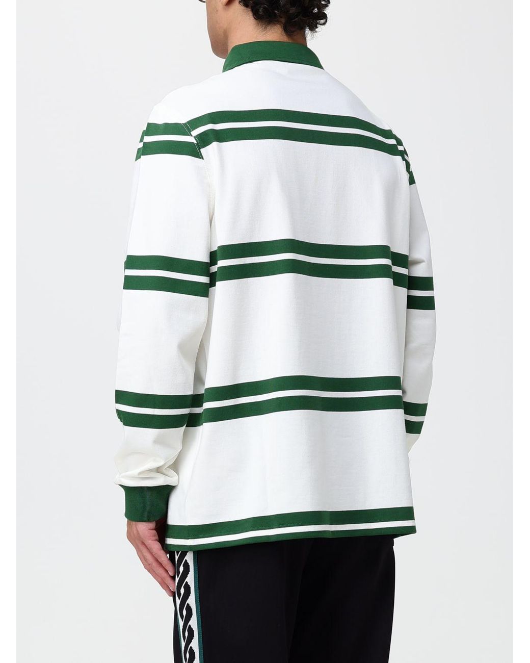 Drole de Monsieur Green Striped Long-Sleeve Cotton Polo Shirt With Logo for men