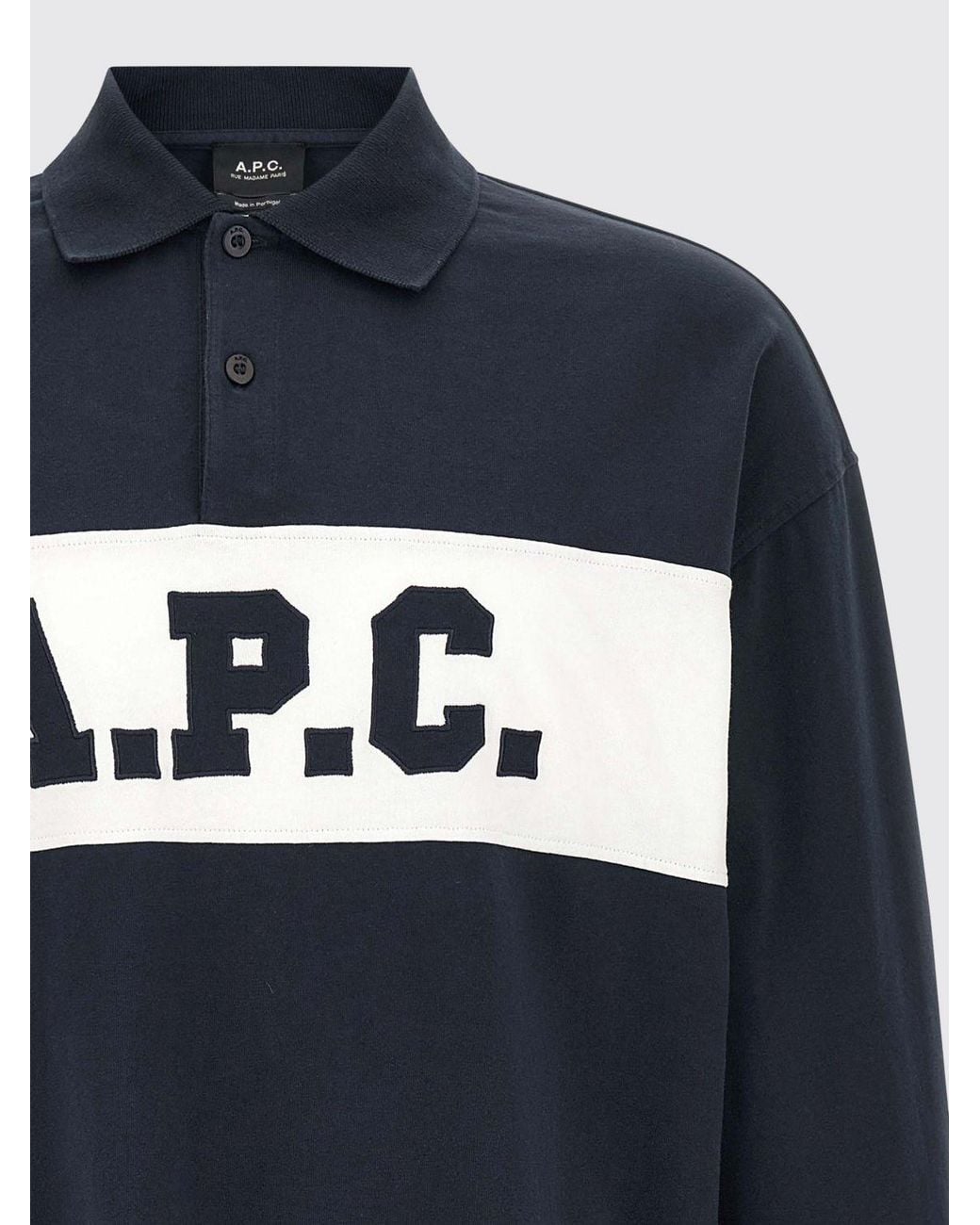 A.P.C. Blue Long-Sleeved Cotton Polo Shirt With Contrast Logo for men