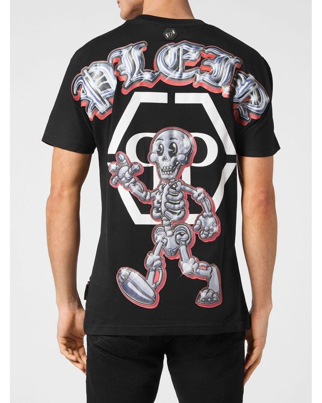 Philipp Plein Black Cotton T-Shirt With Graphic Print And Contrast Back Logo for men