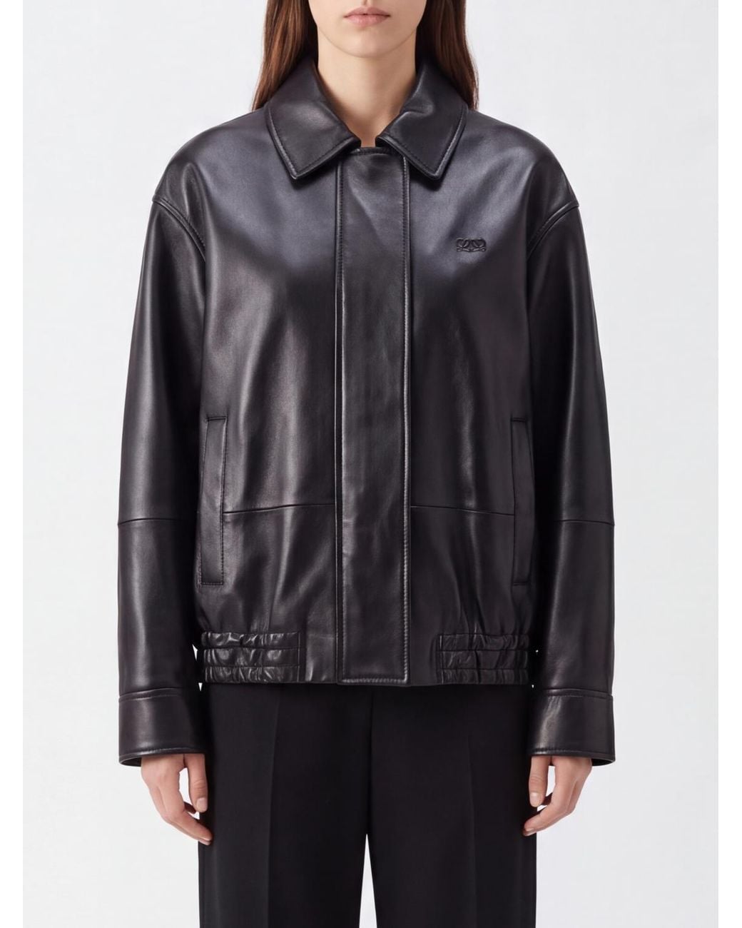 Loewe Black Cropped Leather Jacket With Dropped Shoulders And Concealed Closure