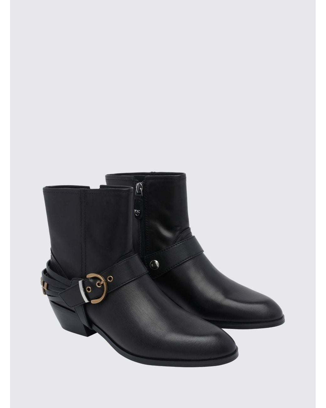Pinko Black Low-Shaft Smooth Leather Western Boots With Embroidery And Pointed Toe