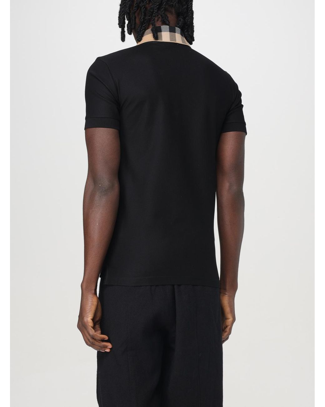 Burberry Black Cotton Polo Shirt With Check Collar for men