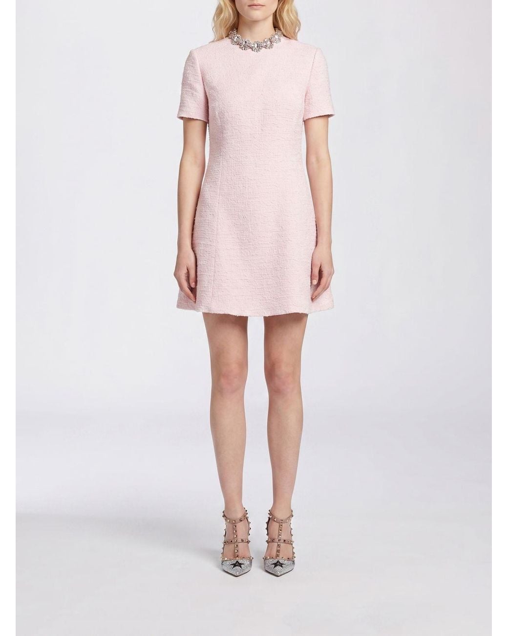 Valentino Garavani White A-Line Tweed Mini Dress With Rhinestone Embellishment