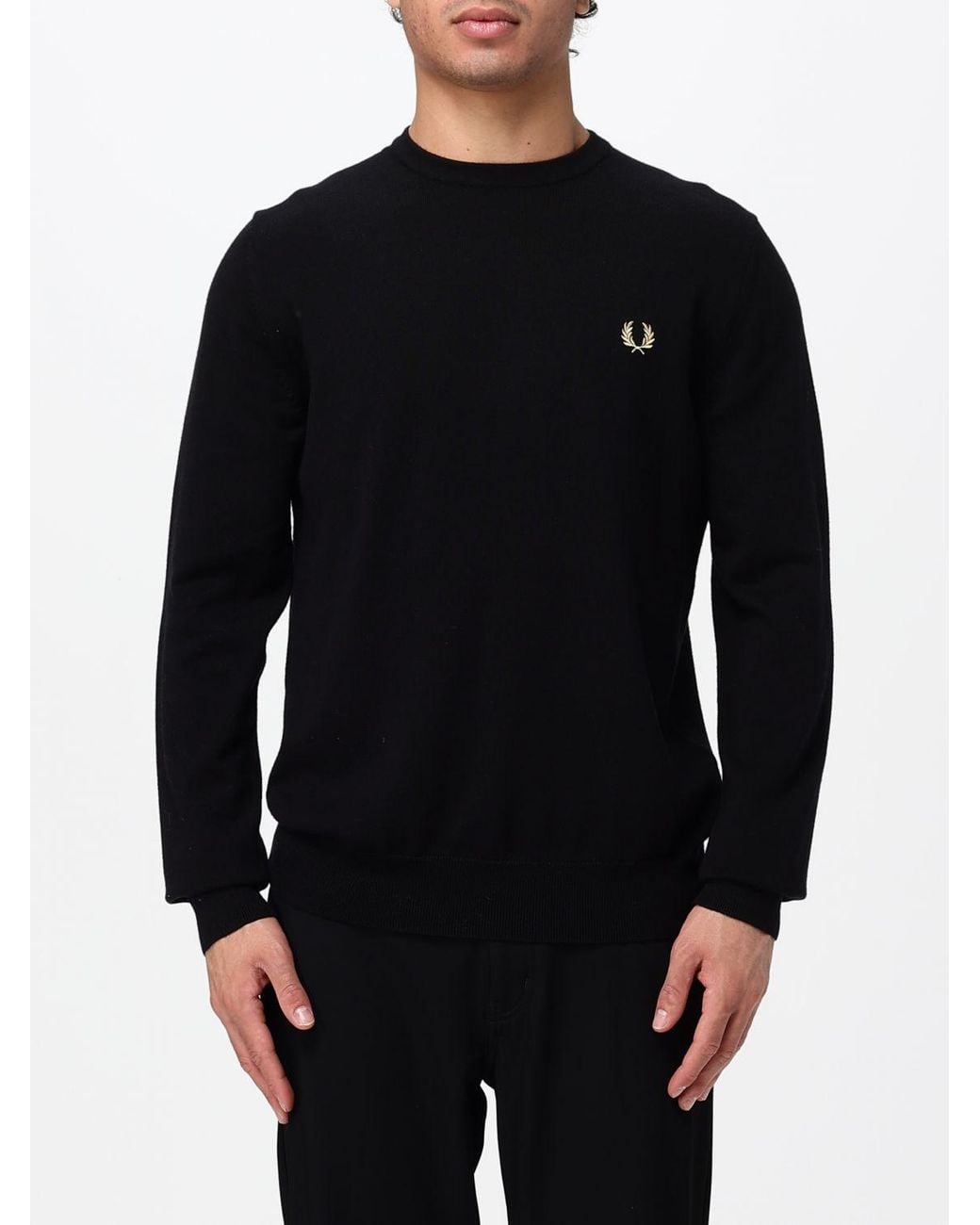 Fred Perry Black Crewneck Wool Blend Jumper With Ribbed Trims And Embroidered Logo for men