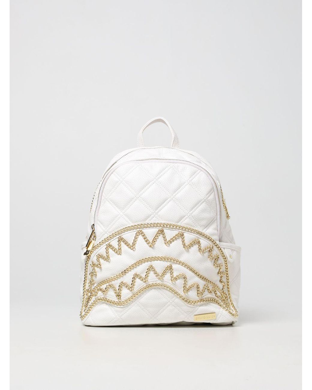 SPRAYGROUND: Quilt Gold Chain Shark Savage Backpack - White