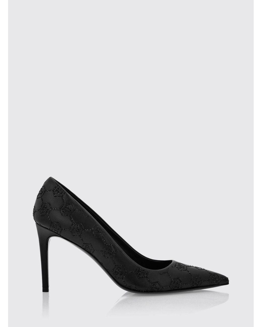 Philipp Plein Black Leather Pumps With Rhinestone Hexagon Logo And Stiletto Heel