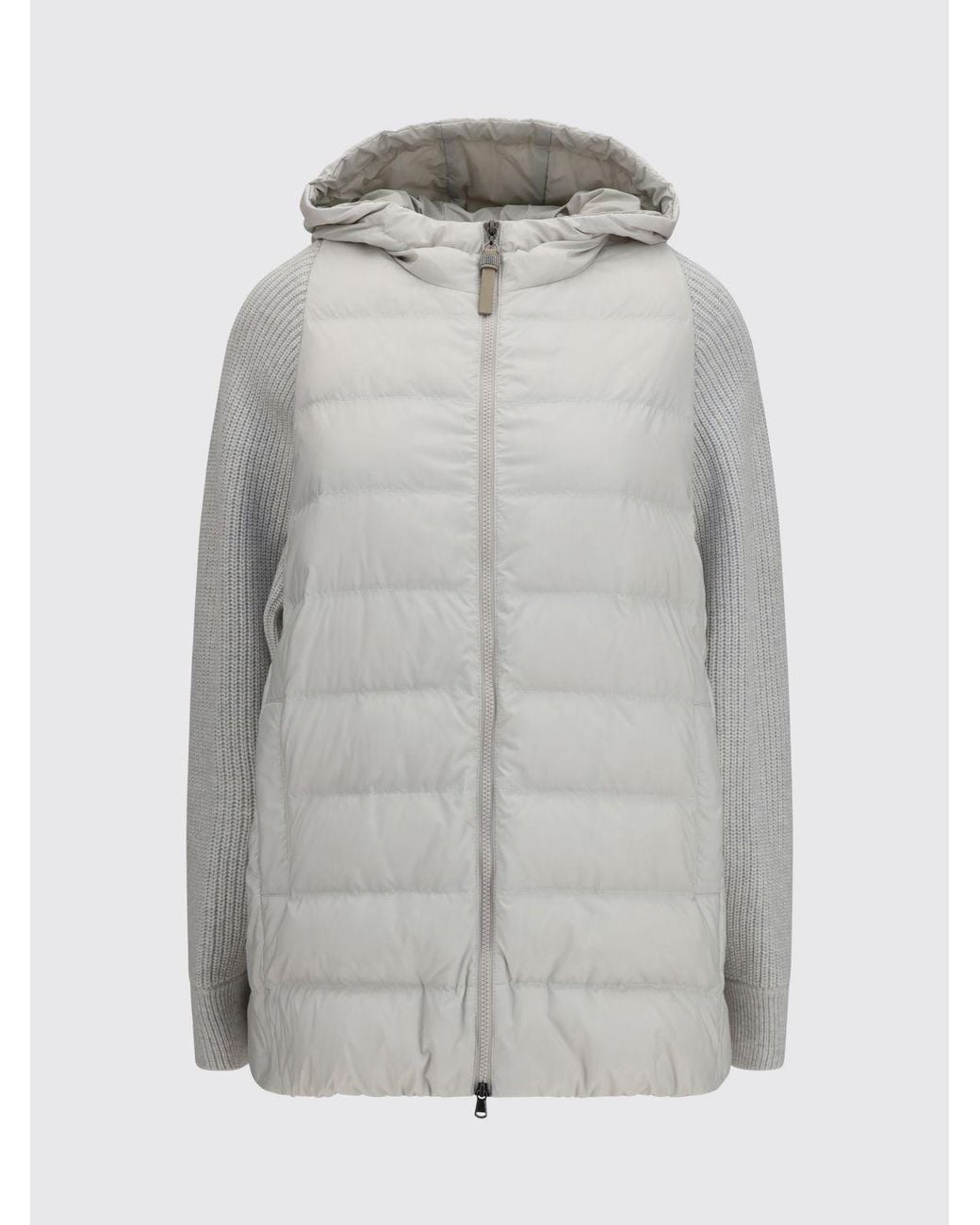 Brunello Cucinelli Gray Short Quilted Nylon Hooded Puffer Jacket With Zip Closure