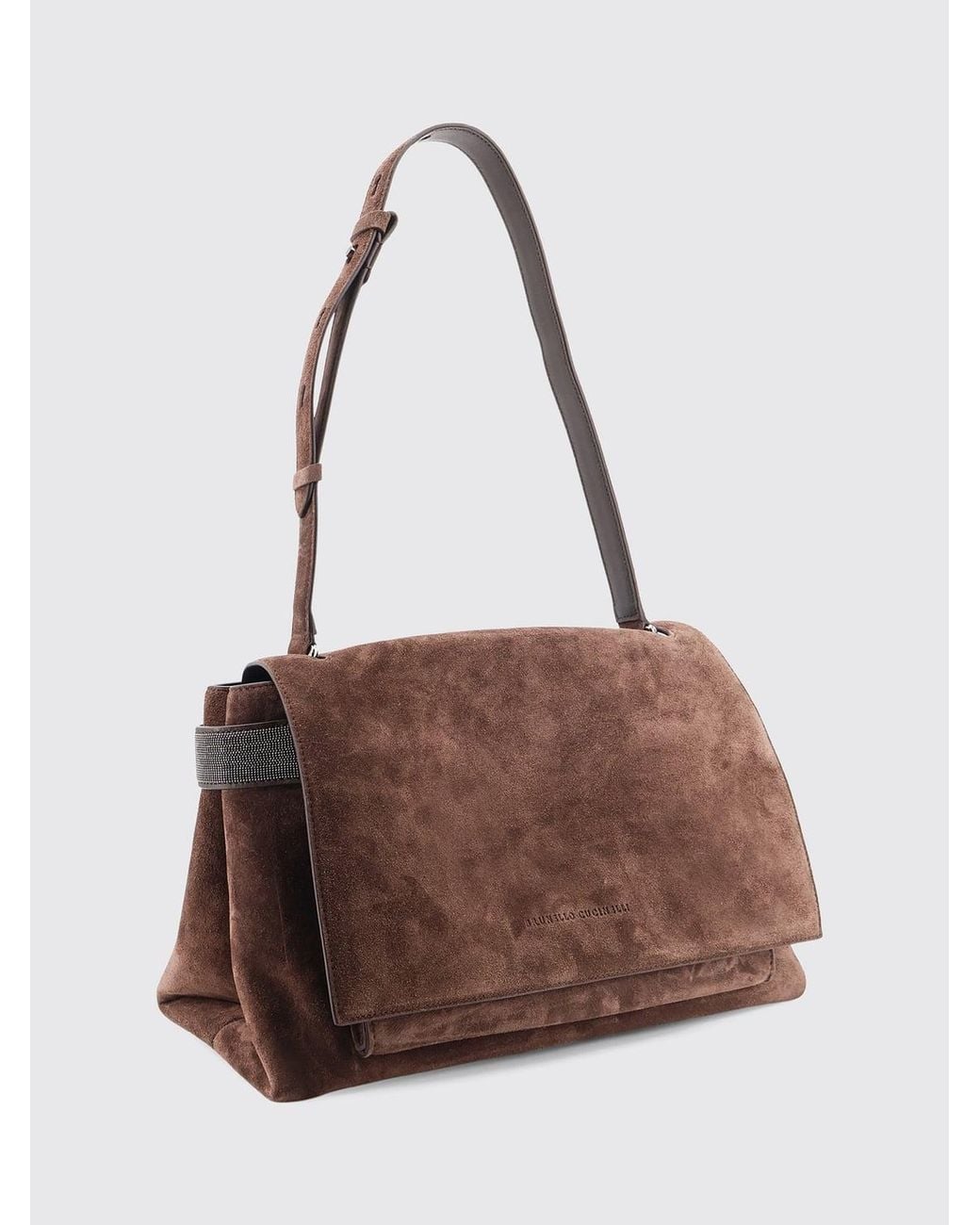 Brunello Cucinelli Brown Suede Shoulder Bag With Monili Embellishment