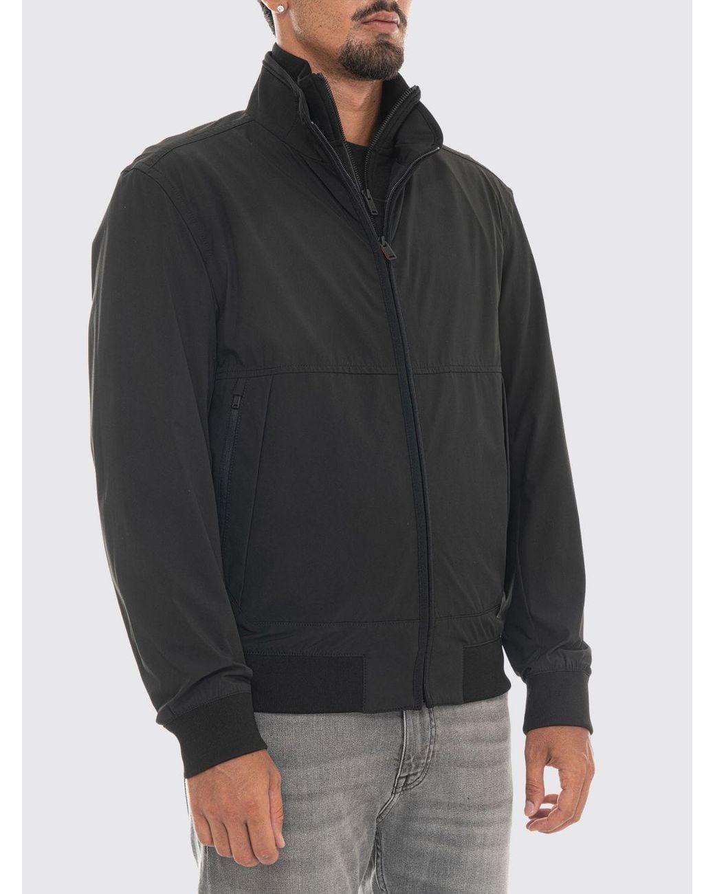 Boss Black Water-Repellent Softshell Bomber Jacket With High Neck And Zip Closure for men