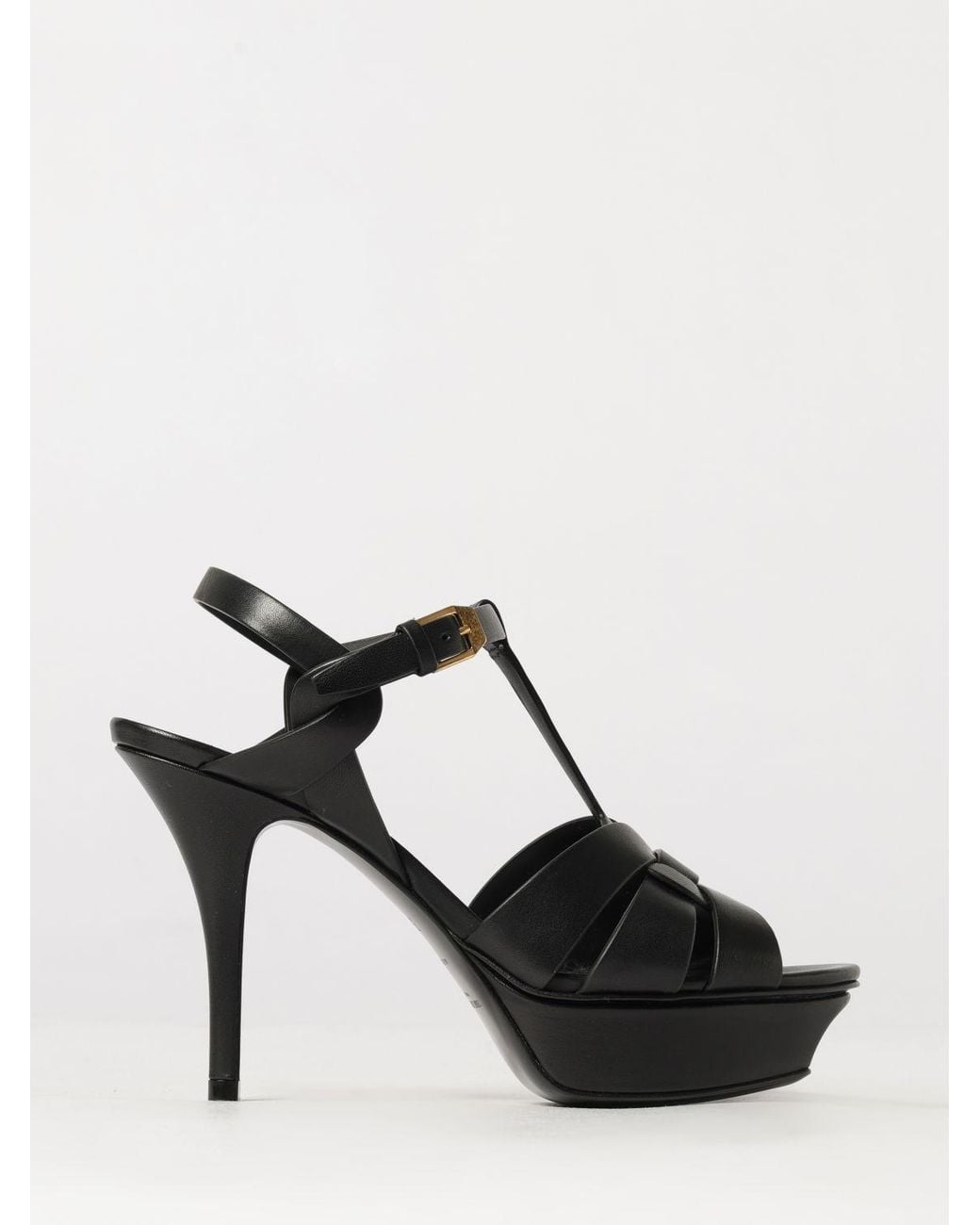 Saint Laurent Black Calfskin Leather Platform Sandals With High Stiletto Heel