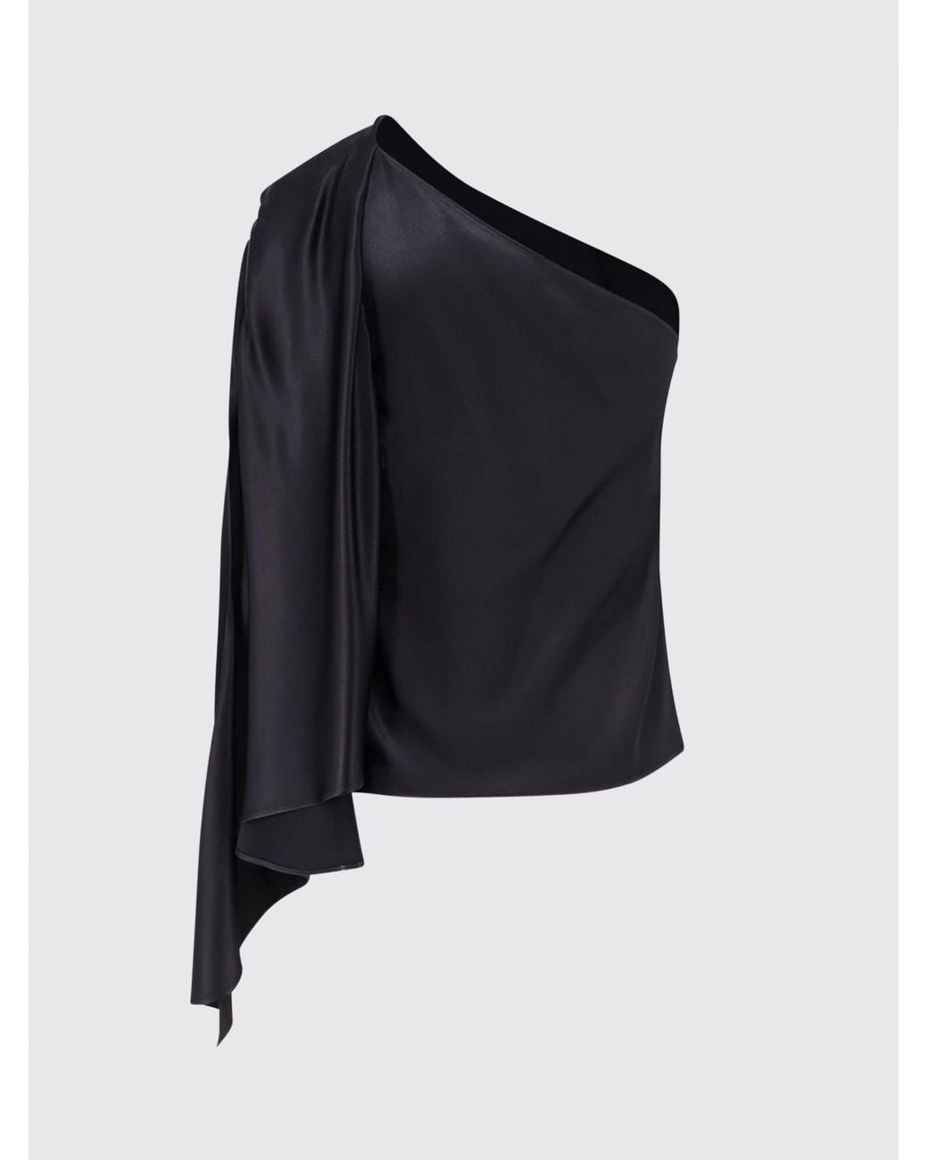 Alberta Ferretti Black One-Shoulder Draped Satin Top With Monogram Pattern