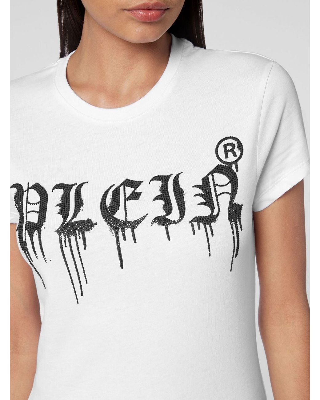 Philipp Plein White Gothic Jersey T-Shirt With Rhinestone Logo Application