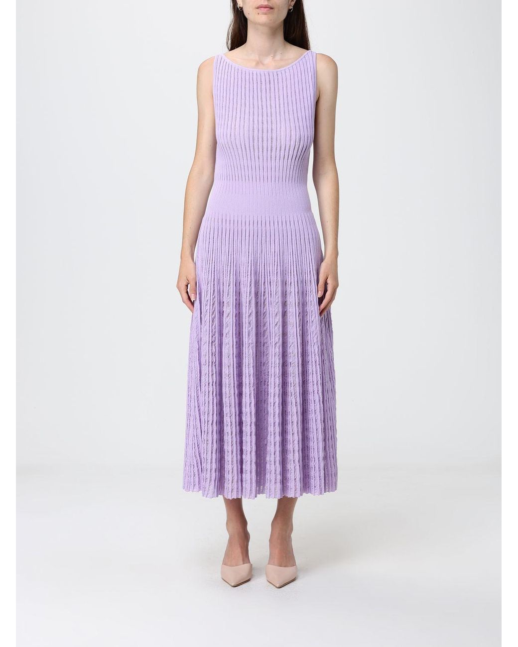 Antonino Valenti Purple Pleated Knit Off-The-Shoulder Midi Dress