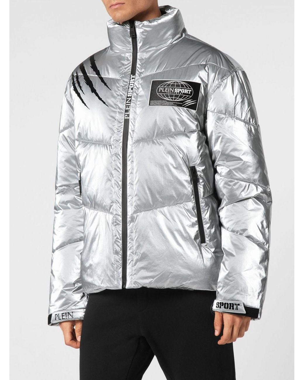 Philipp Plein Gray Short Quilted Nylon Puffer Jacket With High Neck And Logo for men