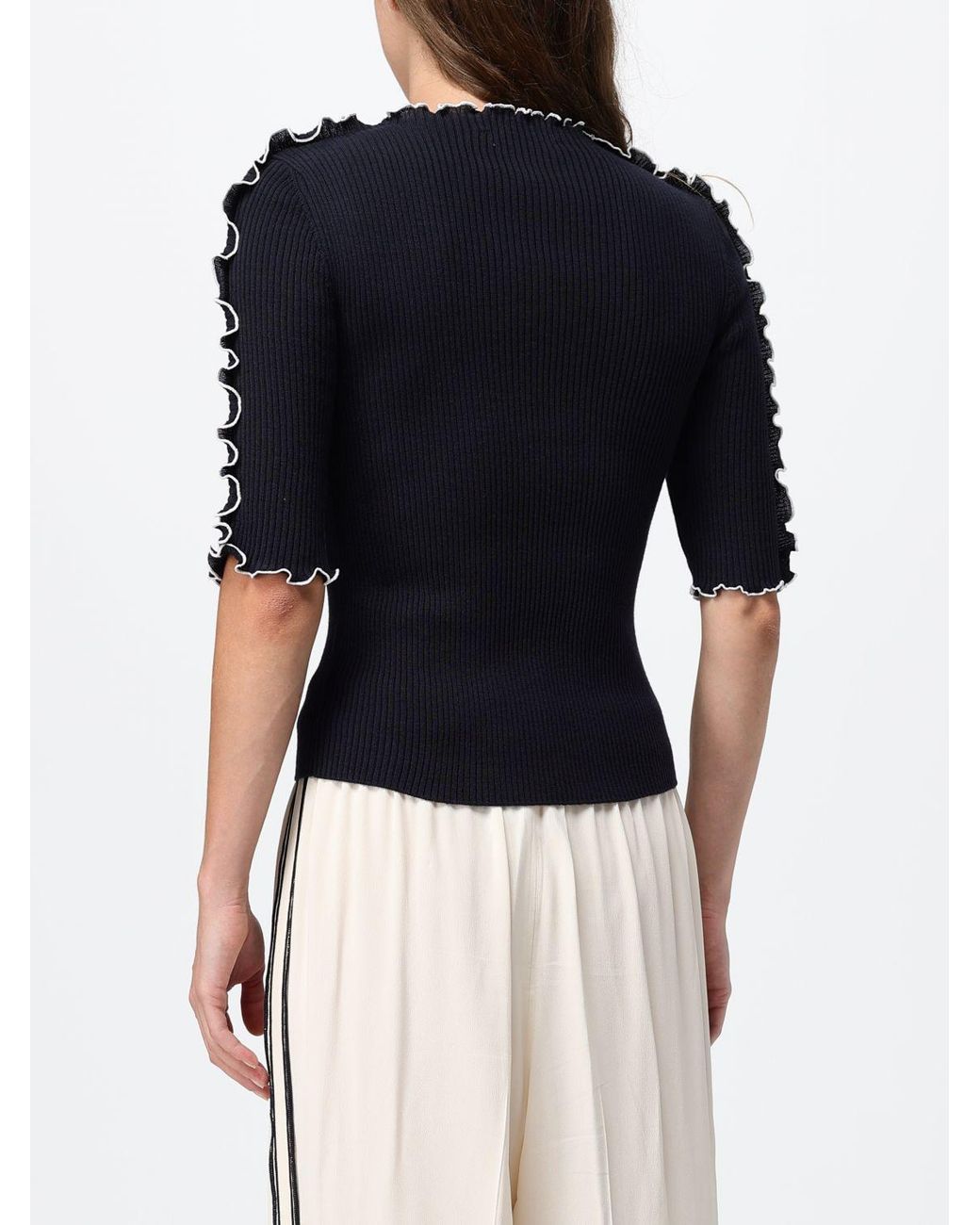 Fabiana Filippi Blue Short-Sleeved Wool And Cotton Blend Crewneck Jumper With Contrast Trim